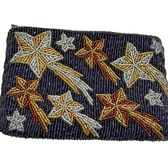 Neiman Marcus Beaded Shooting Stars Small Evening Bag Zipper Black/Silver/Gold - Picture 2 of 7